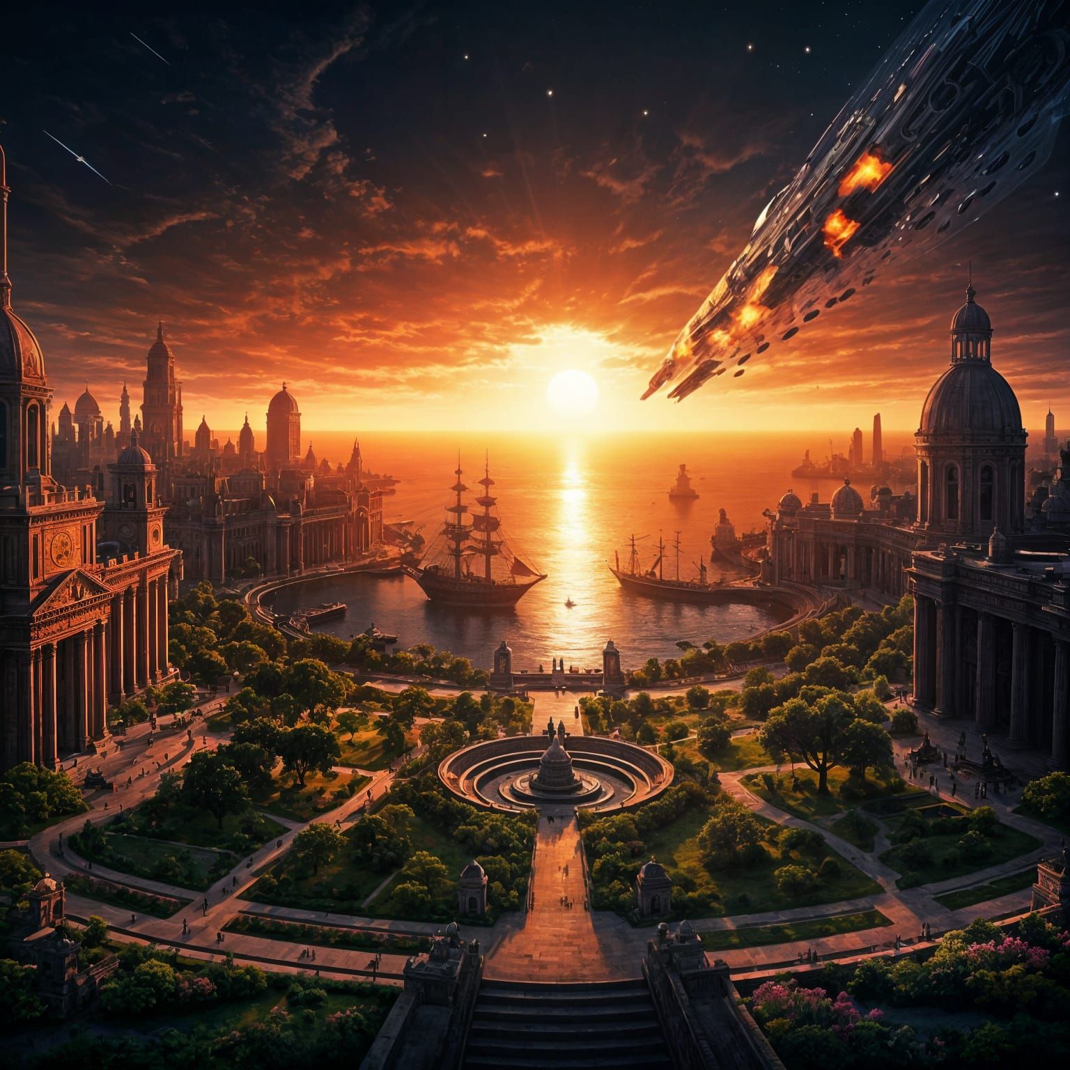 Ancient Civilization Sunset: Grandiose Buildings and Red Ski...