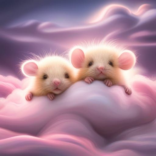 Cute Furry Mice Sleeping on Cloud, 3D Render
