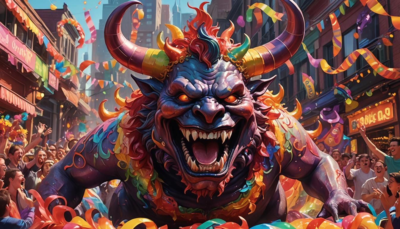 Joyful Demon Waving on Parade Float