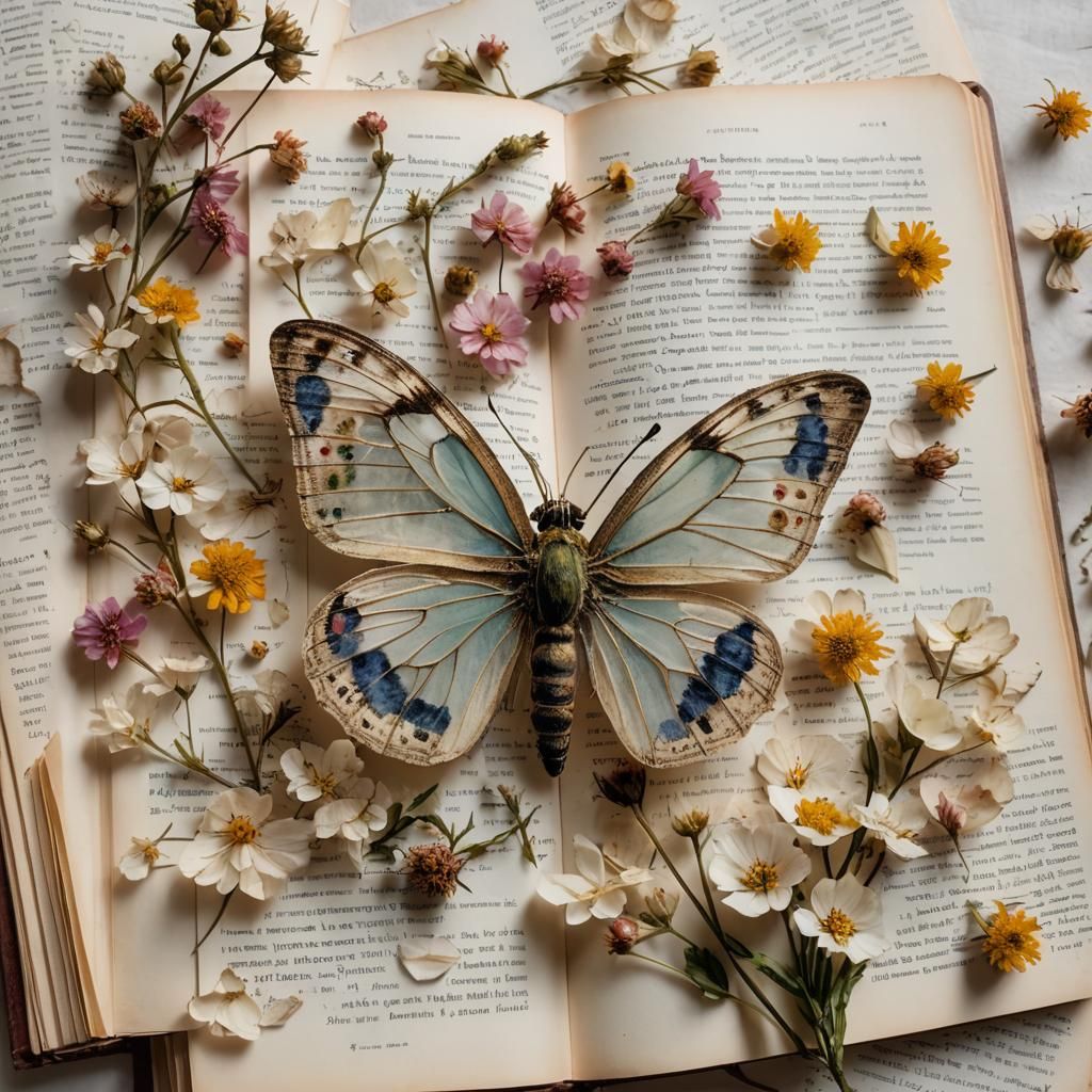 Pressed Flowers and Glass Moth on Open Book