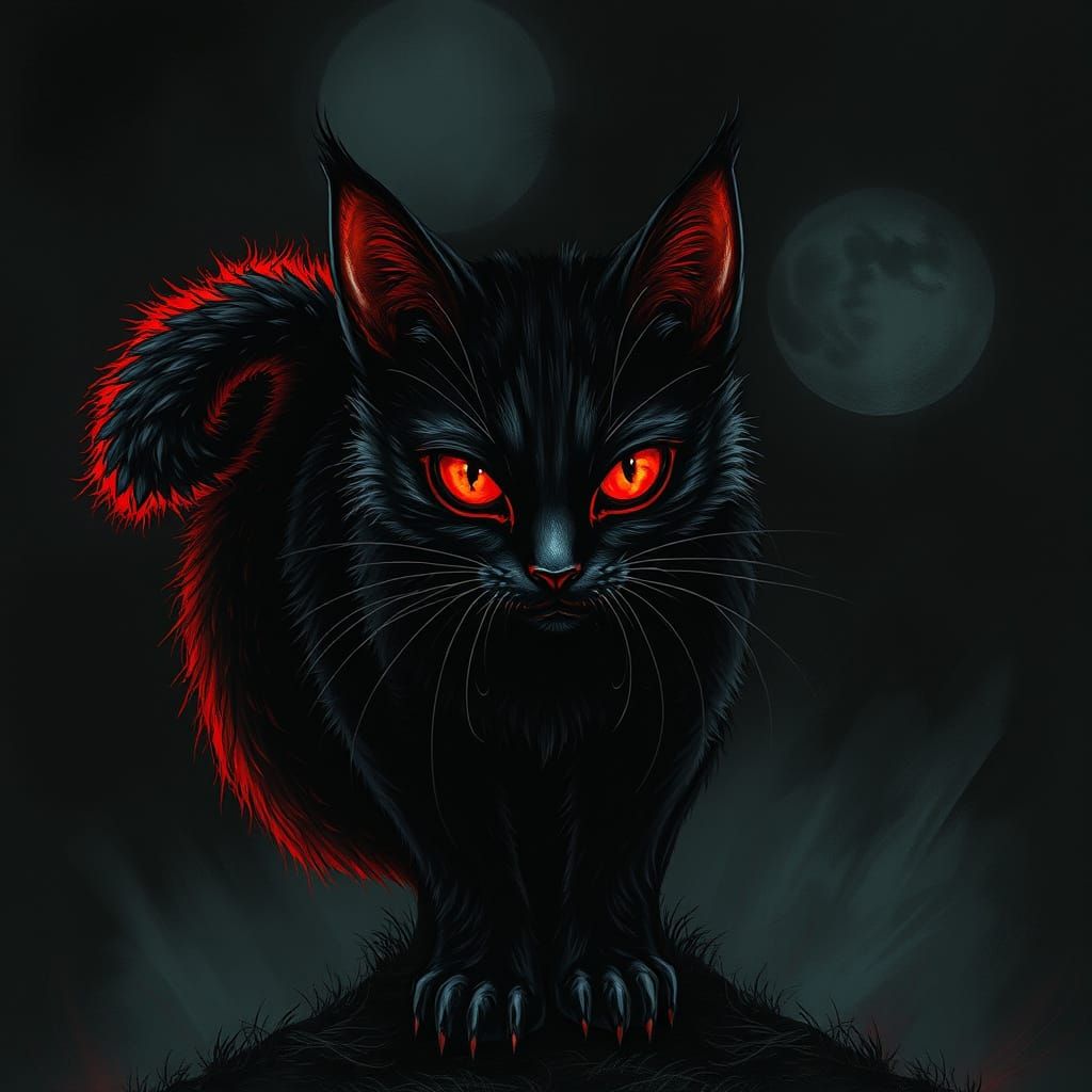 Spooky Black Cat with Glowing Red Tail in Dark Fantasy Style