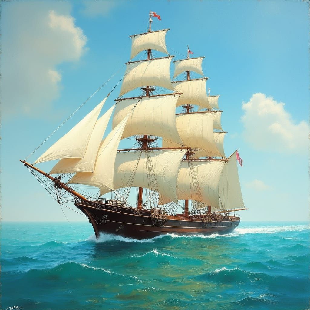 Ship Enters Calm Waters in a Dreamy, Impressionist Style