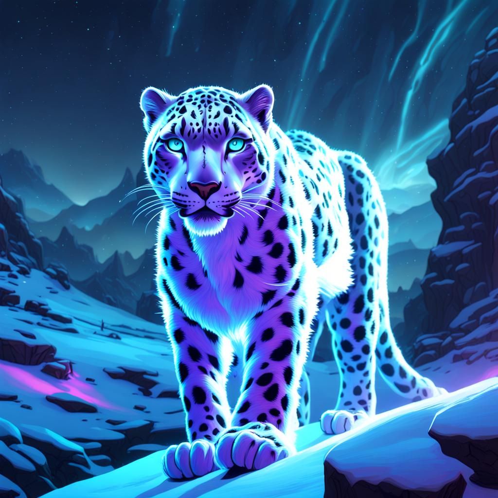 Bioluminescent Snow Leopard in Neon Landscape: Dark Fantasy ...