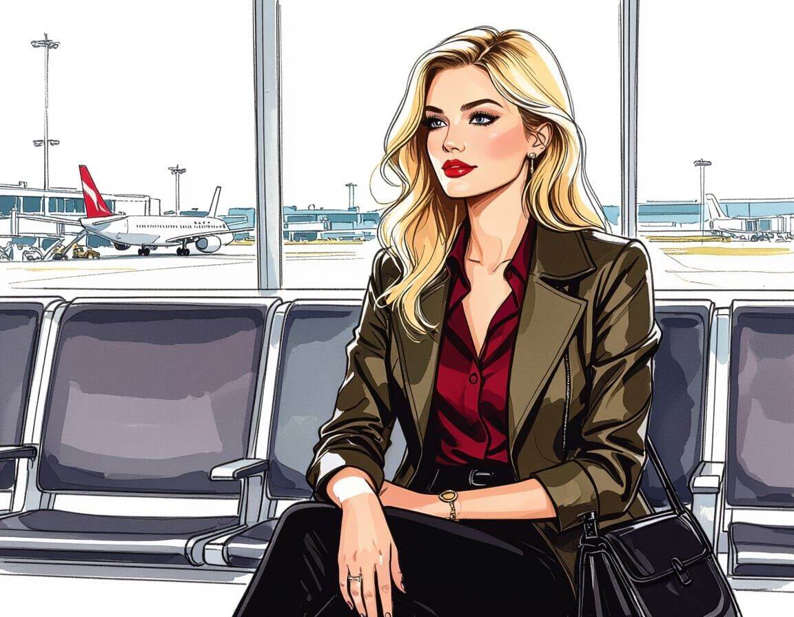 Elegant Woman Awaits Flight at Airport Gate