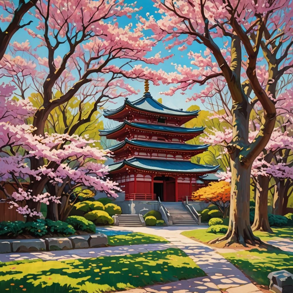 Japanese Temple and Cherry Blossoms as Pop Art