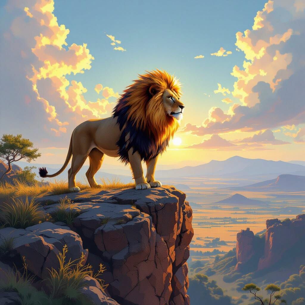 Flaming Lion Overlooking Savanna: Digital Painting
