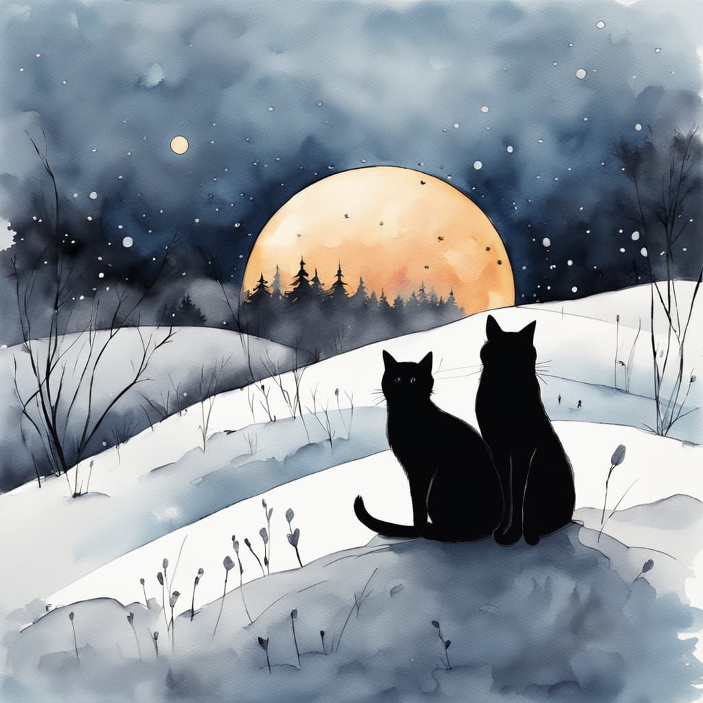 Two Black Cats Gaze at Glowing Moon in Watercolor Night Sky