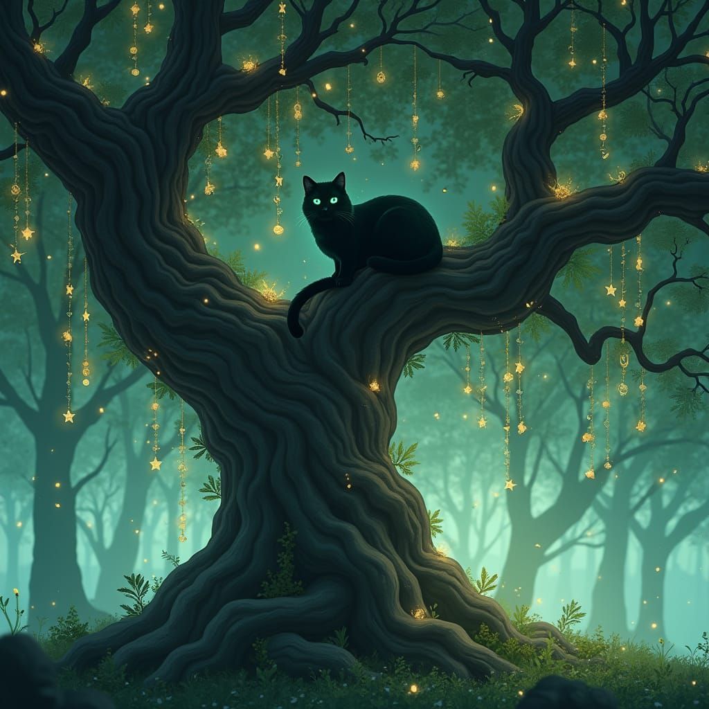 Black Cat in Enchanted Forest, Art Nouveau Style