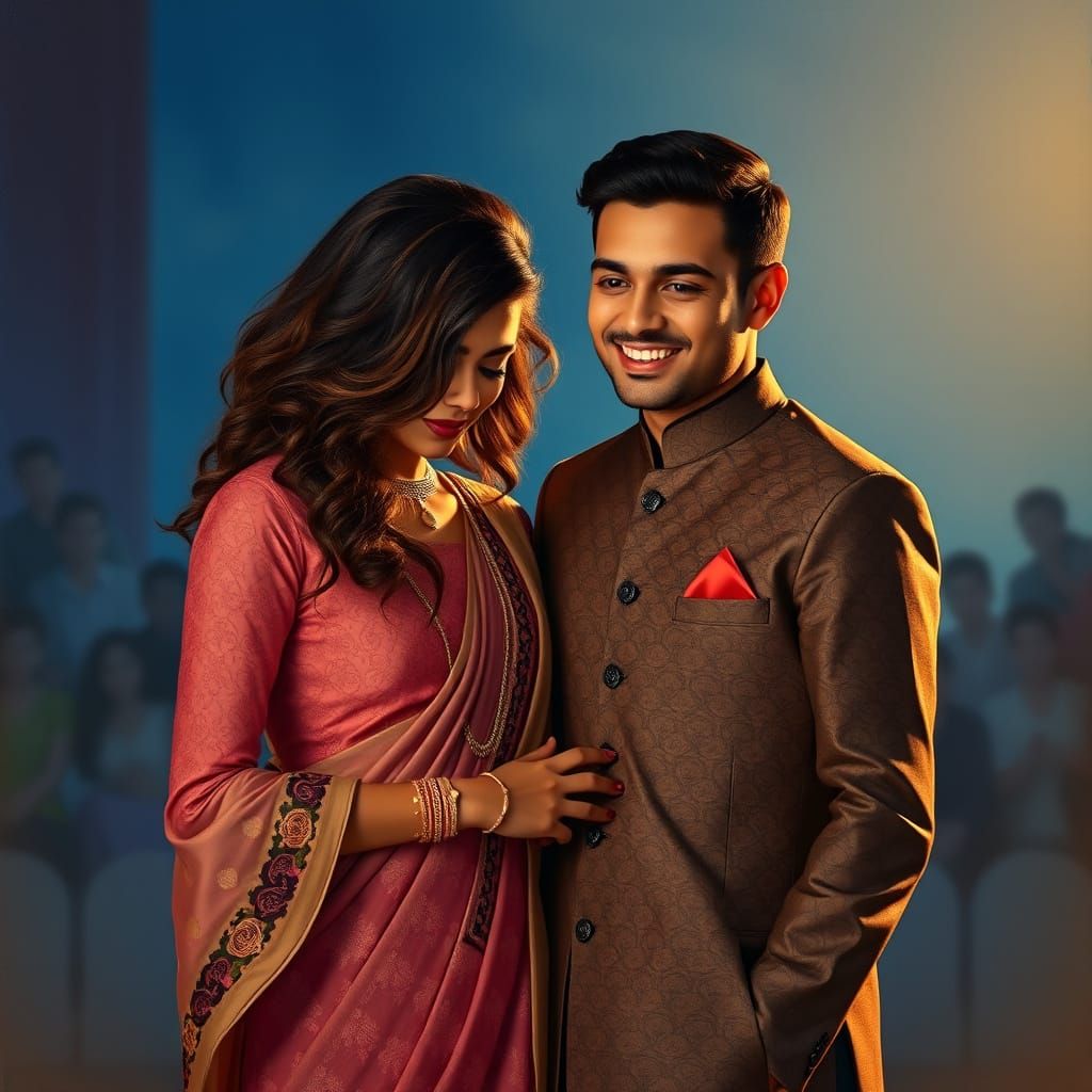 Indian Couple on Stage in Oil Painting Style