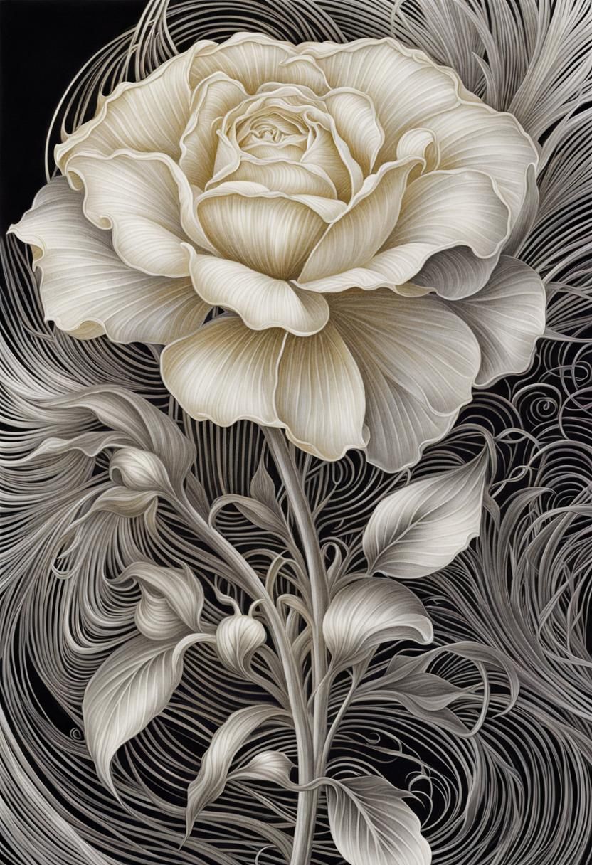 Art Nouveau Flower in Silverpoint with Filigree