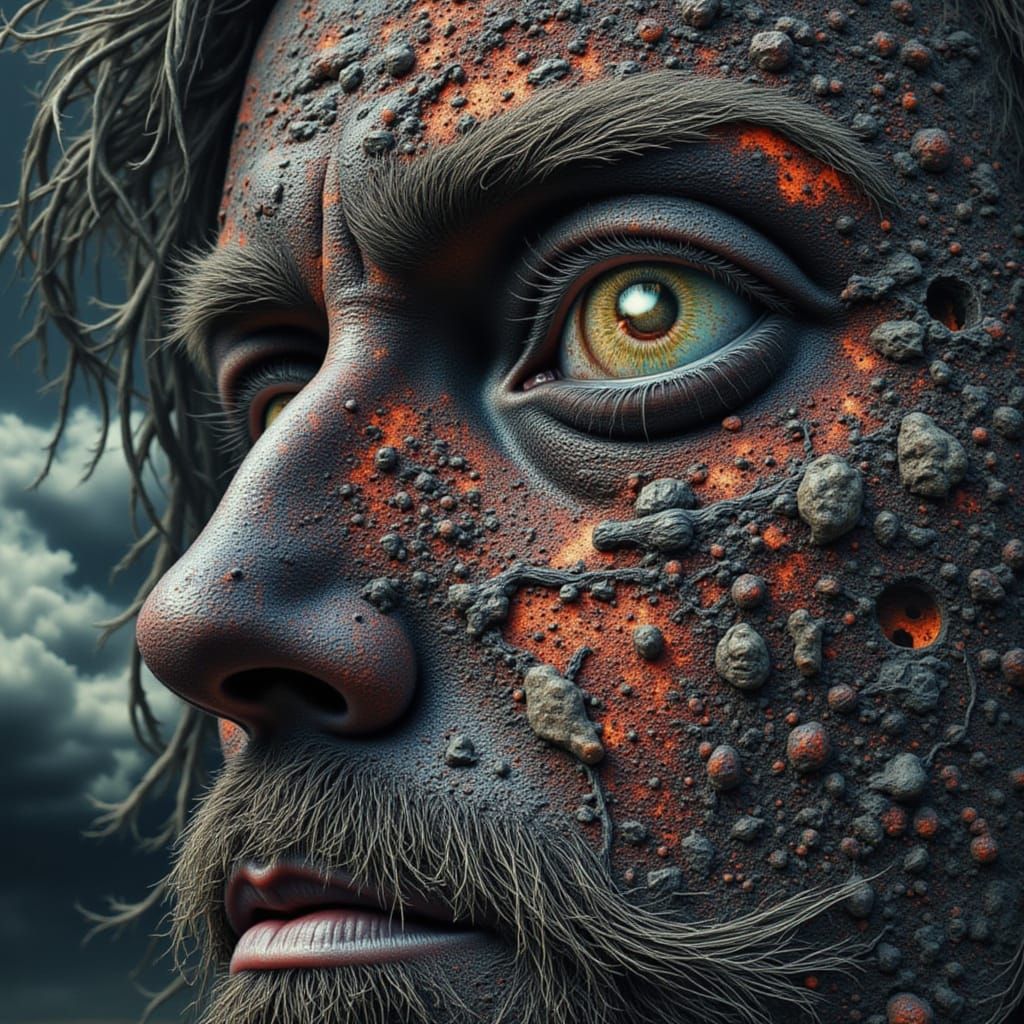 Surreal Head Illusion with Hidden Faces in Binary ASCII Art