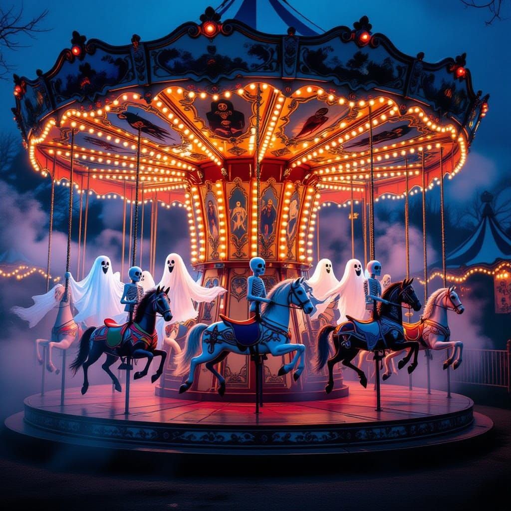 Eerie Halloween Carnival Carousel with Spectral Ghosts