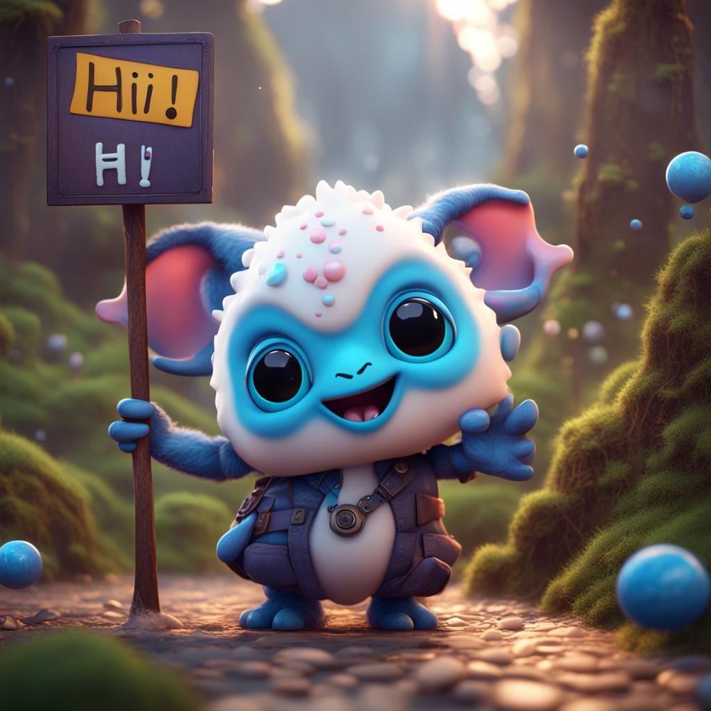 Puffy Character Holds a Sign Saying "Hi"