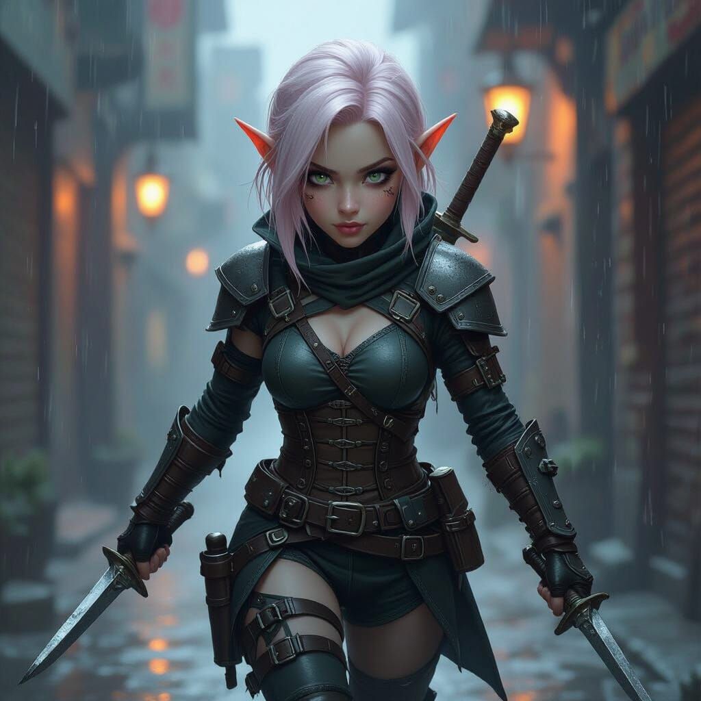 Gnome Rogue Stalking in Dark City, Fantasy Art