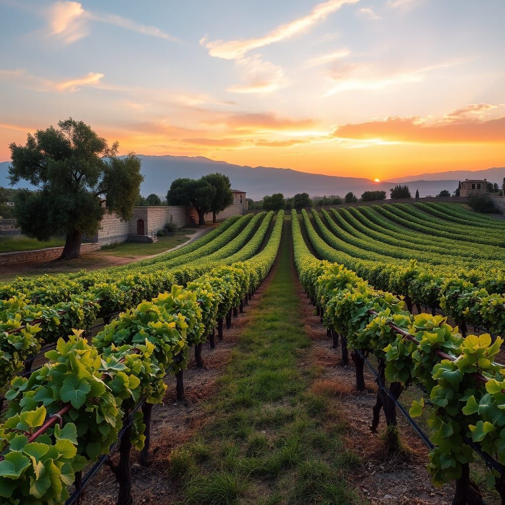 Greek Vineyard Golden Hour in Hyper-Realistic Style