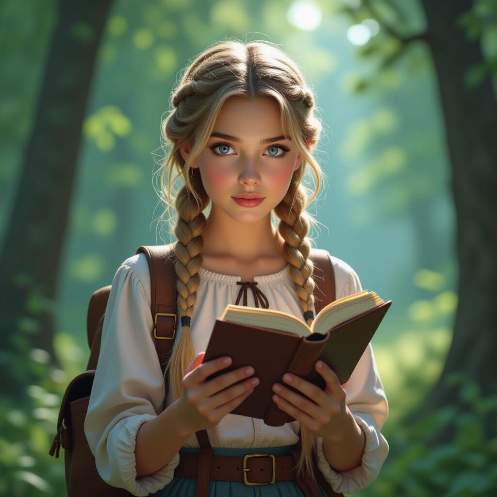 Girl Reading Book in Forest, Fantasy Concept Art