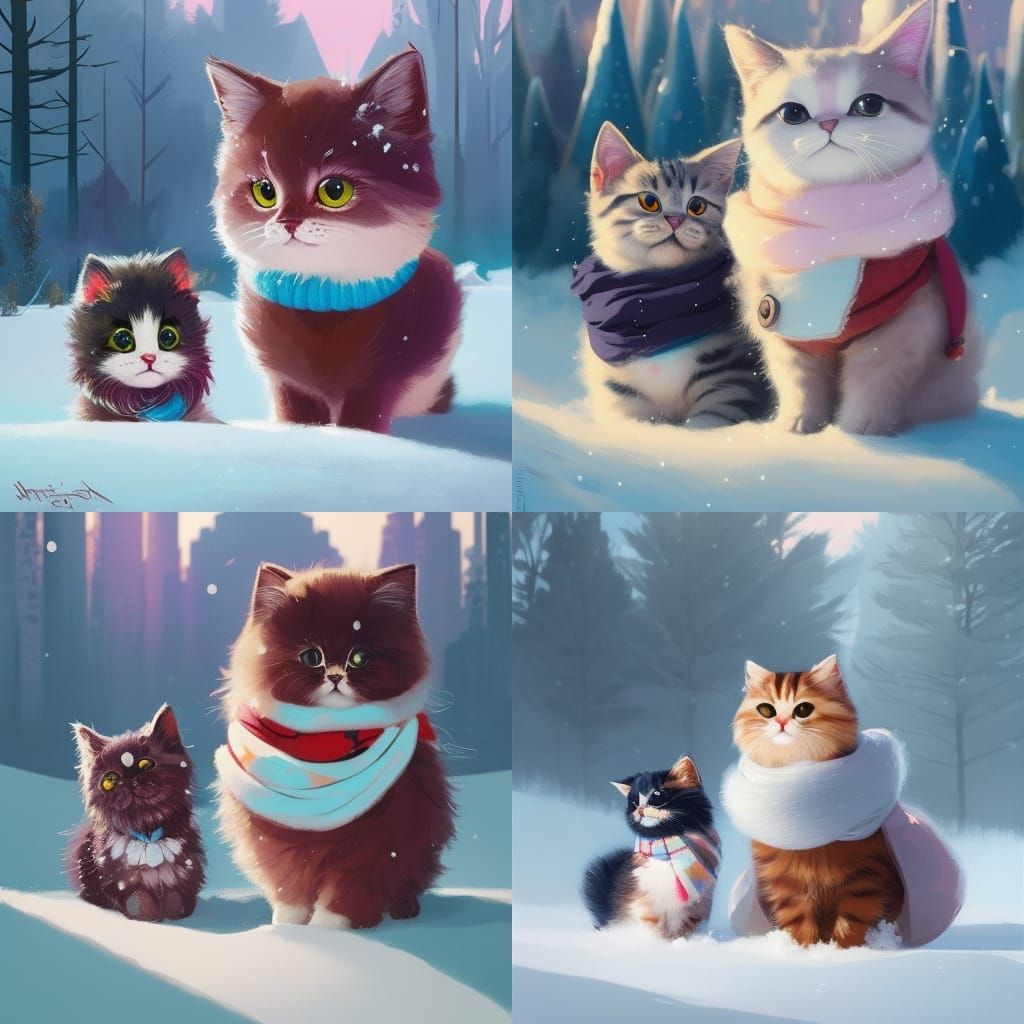 Fluffy Cat Family Portrait in Snow, Digital Art
