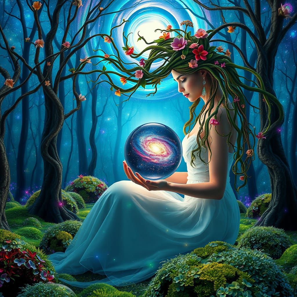 Woman in Glass Forest with Galaxy Sphere