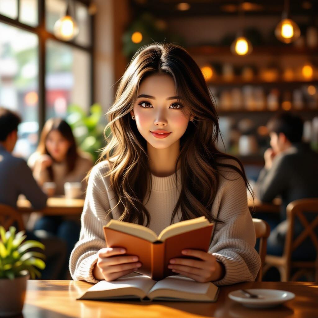 Cozy Cafe Scene: Asian Woman Reading