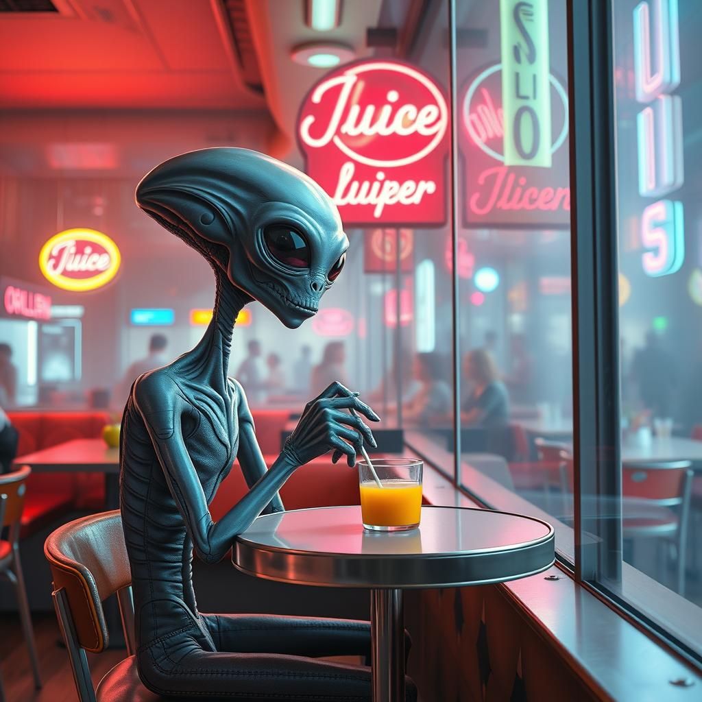 Conceptual art. Medium shot. An alien is sitting at a small table drinking juice in a busy cafeteria on planet Earth. Wi...