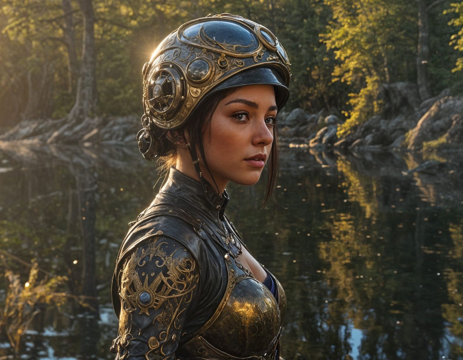 Steampunk Woman Gazing at Sunset Orbs