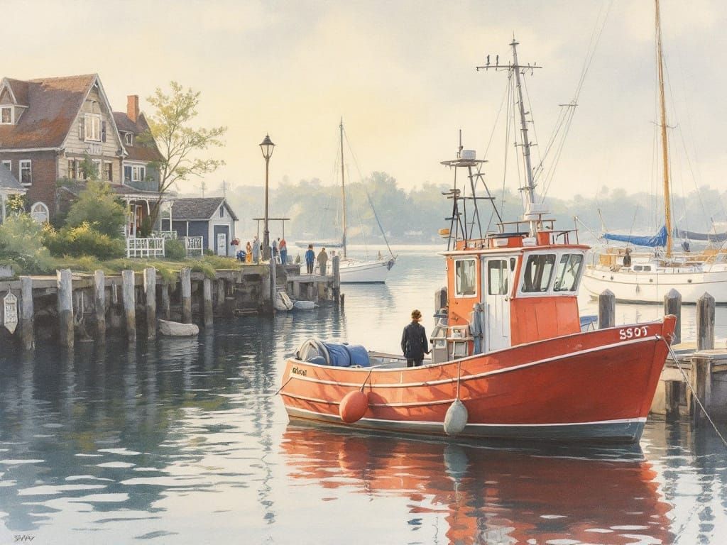 Tranquil Harbor Scene in Watercolor Style