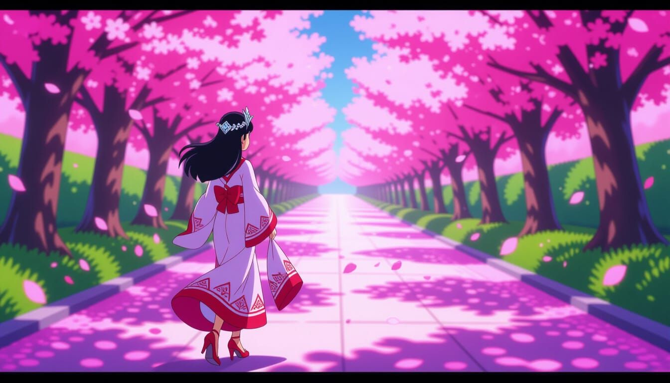 Anime Princess in Cherry Blossom Path