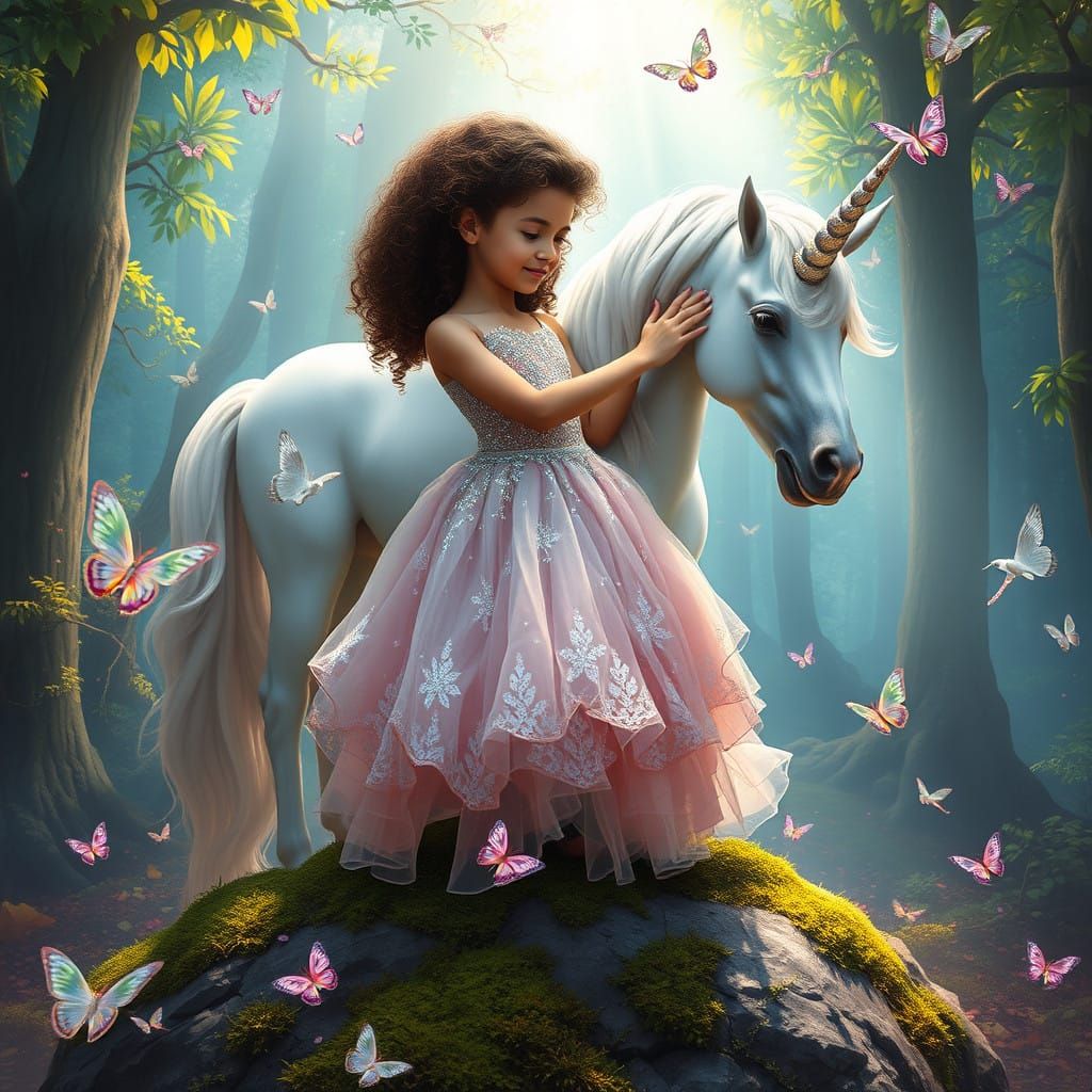 Whimsical Princess and Unicorn in a Fantastical Forest Scene