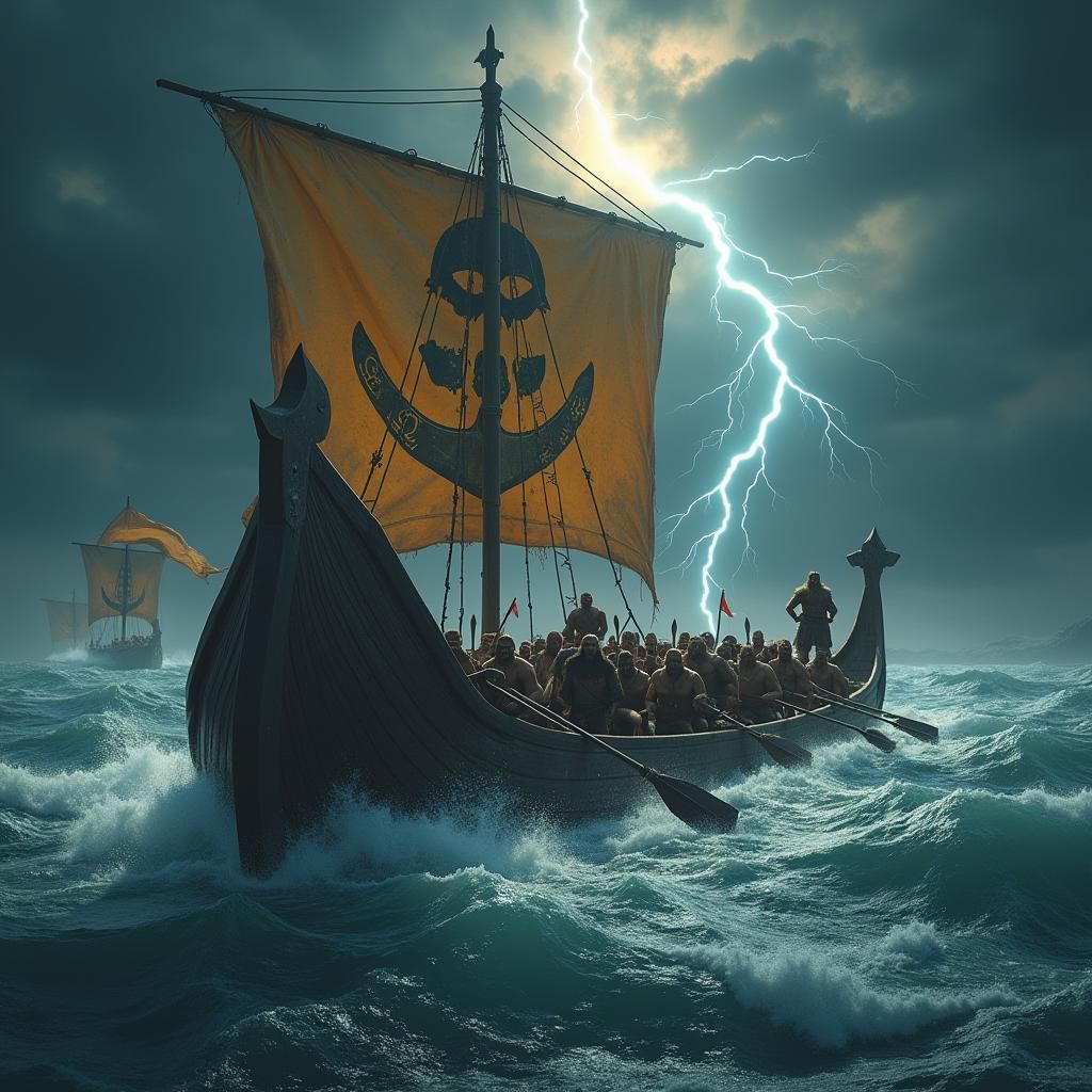 Viking Pirate Ship on Stormy Sea