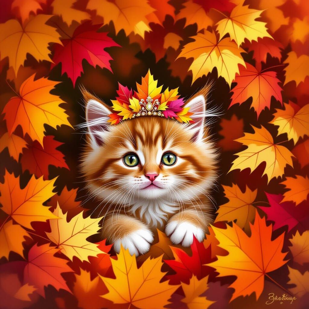 Fluffy Kitten in Autumn Leaves Wearing a Leaf Tiara