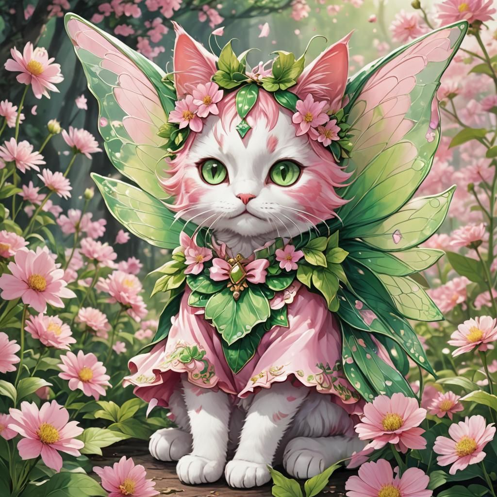 Pink and Green Fairy Cat in Anime Style