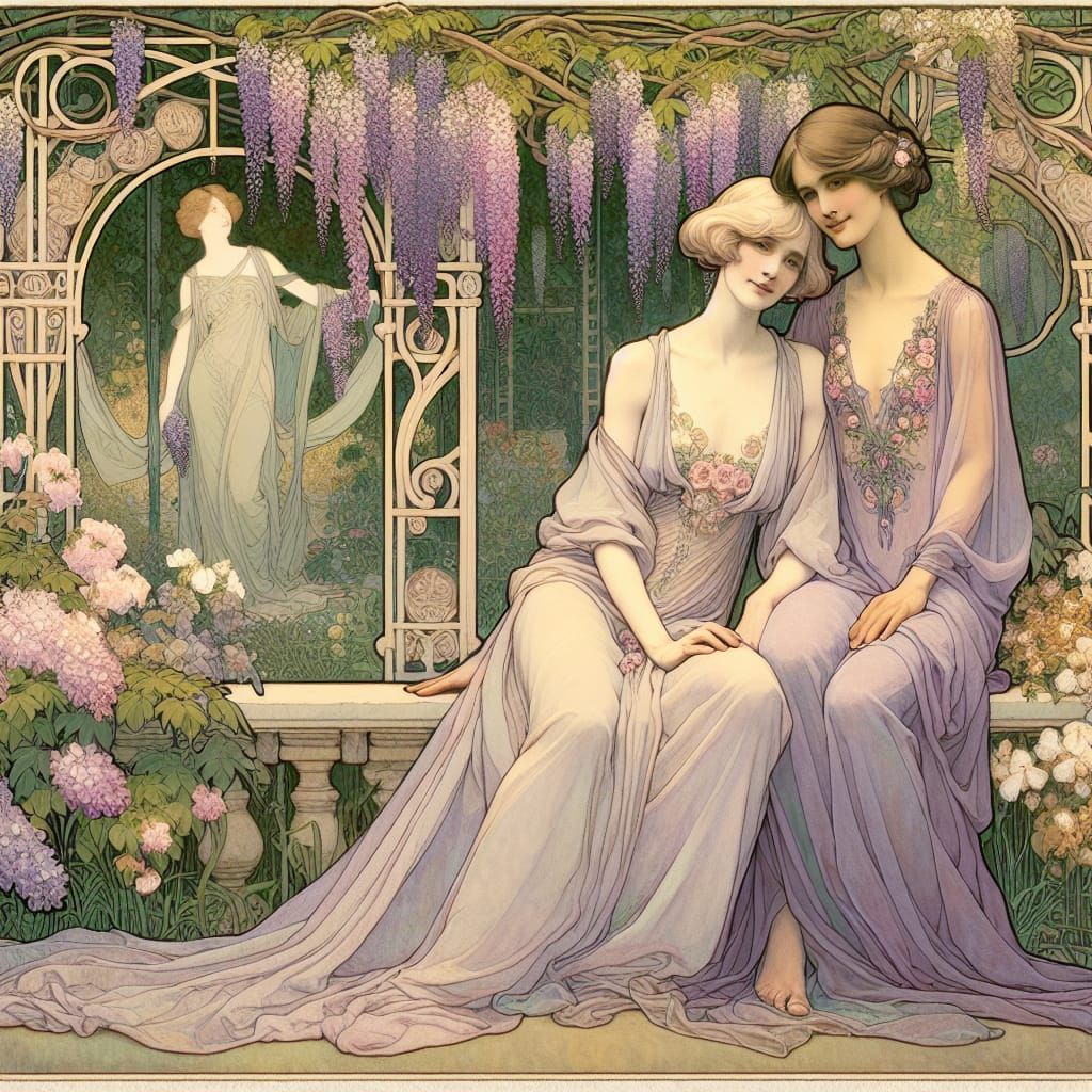 Art Nouveau Lesbian Couple in Flower Garden