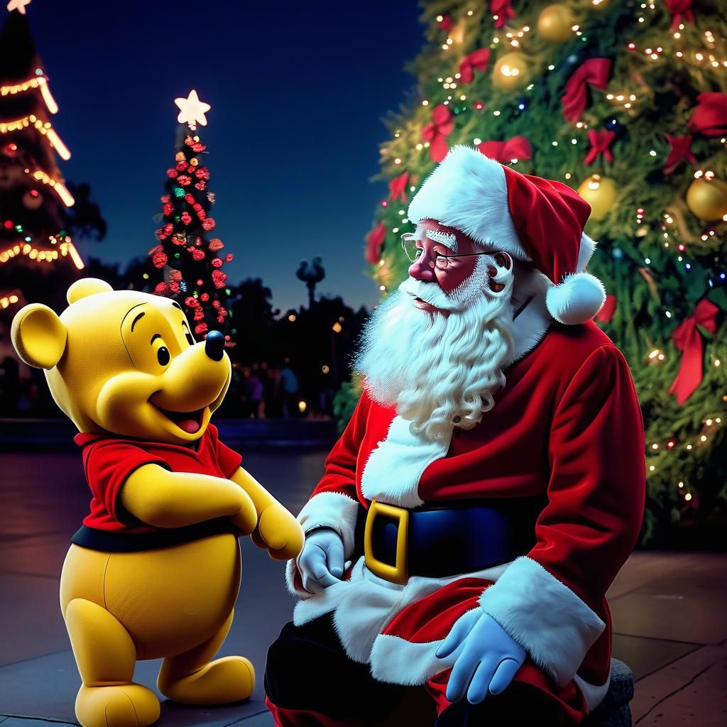 Santa Claus with Winnie the Pooh Mickey Mouse in front of th...