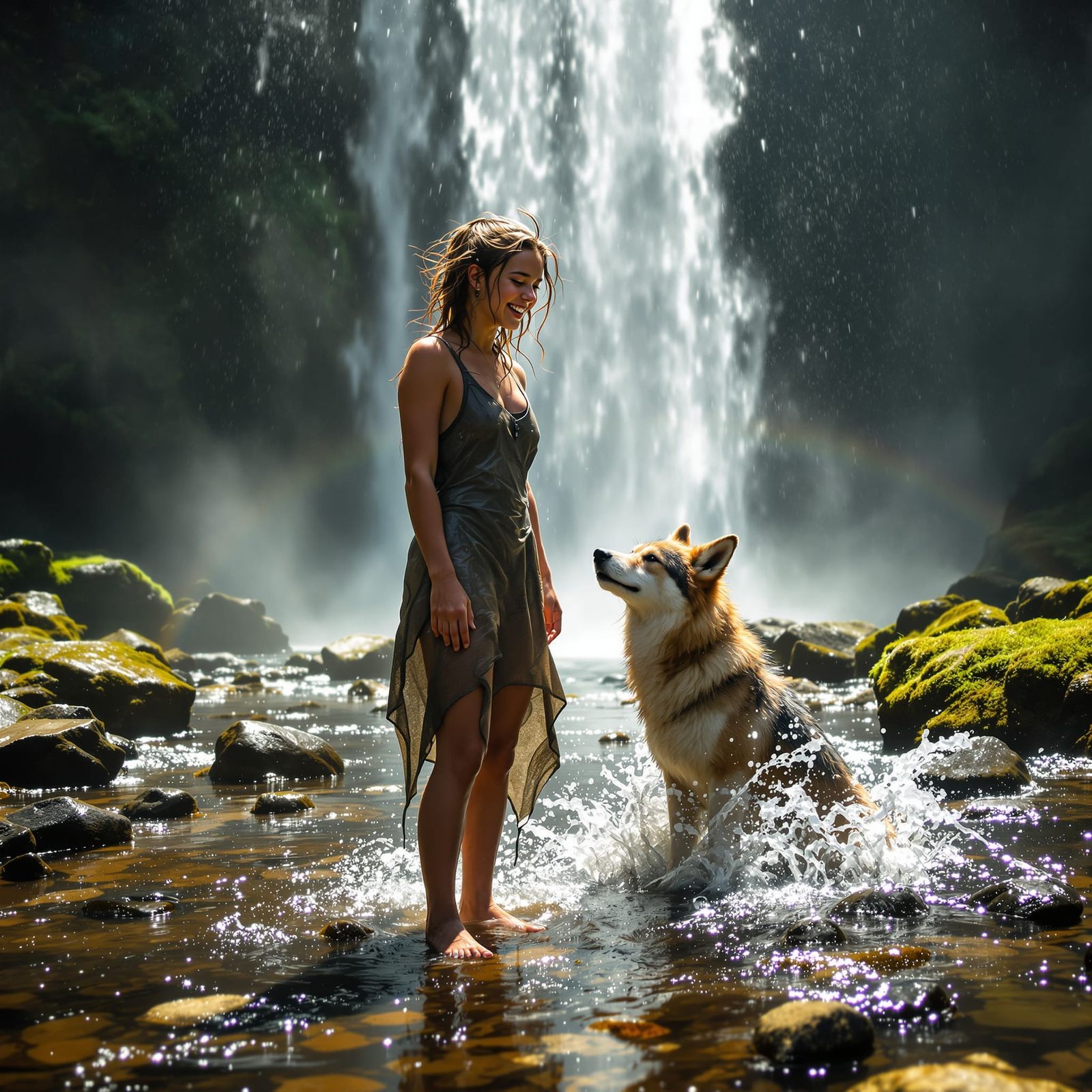 Joyful Girl and Wolf Play Under a Shimmering Waterfall