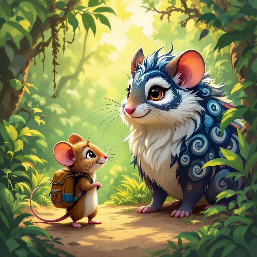 Mouse and Cat Friendship in Jungle Illustration