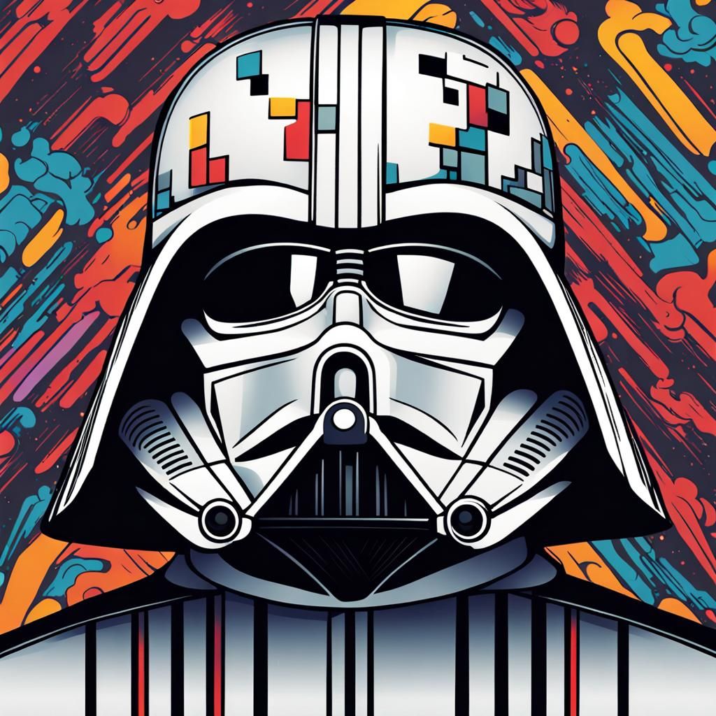 "Genera una imagen con un estilo maximalista que represente a Darth Vader y sus Stormtroopers. Utiliza colores vibrantes...