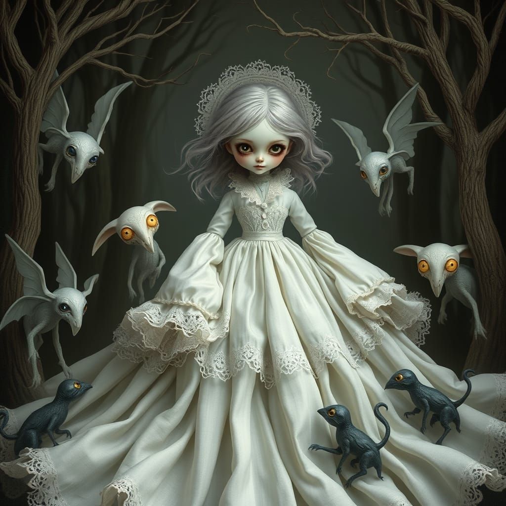 Eerie Porcelain Doll in Enchanted Forest
