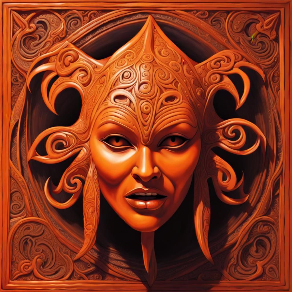 Ominous Woman with Orange Sculpture, Intricate Line Art