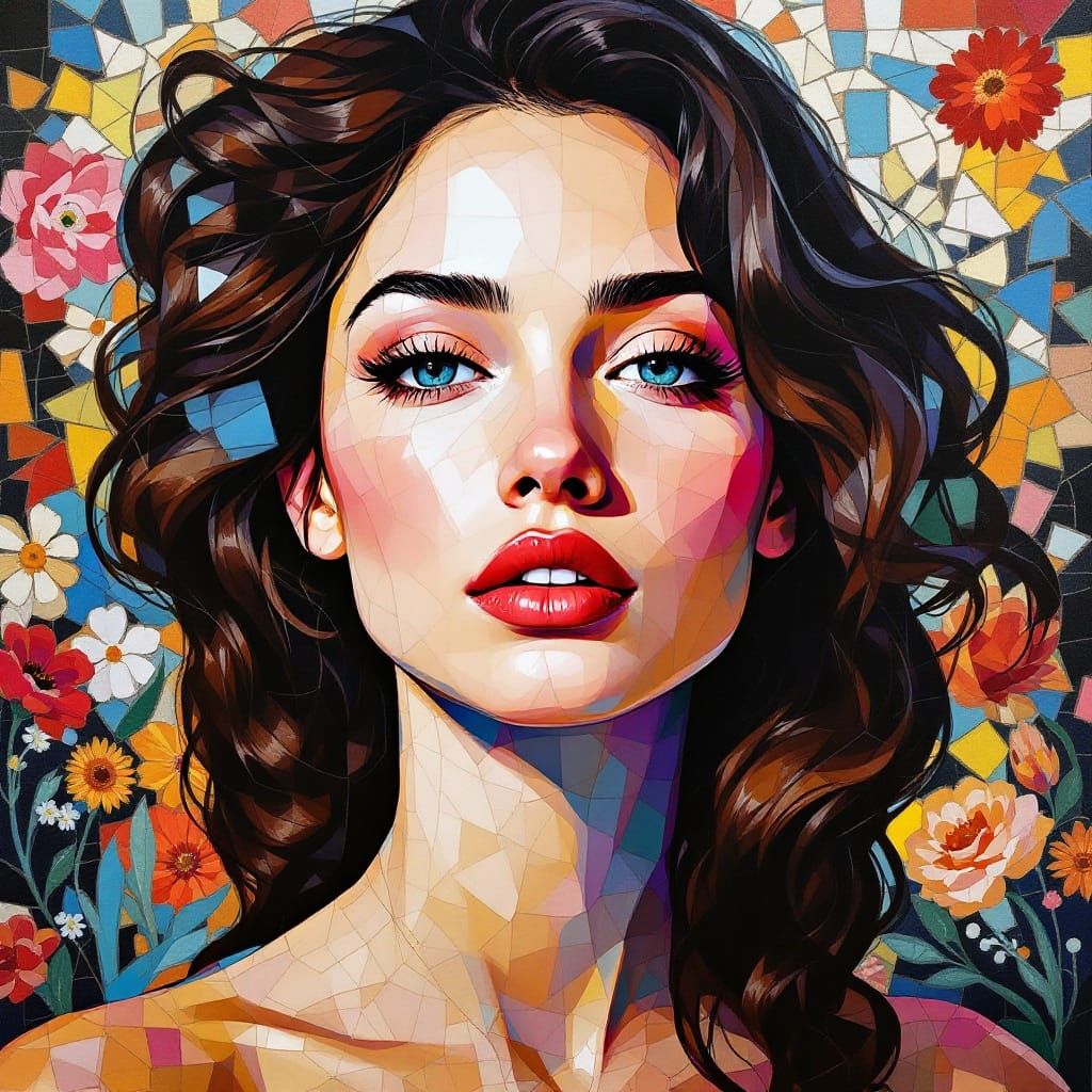 Beautiful Woman in Vibrant Mosaic Portrait