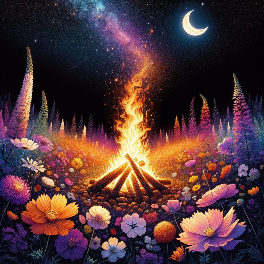 Campfire Under the Stars in Digital Art Style