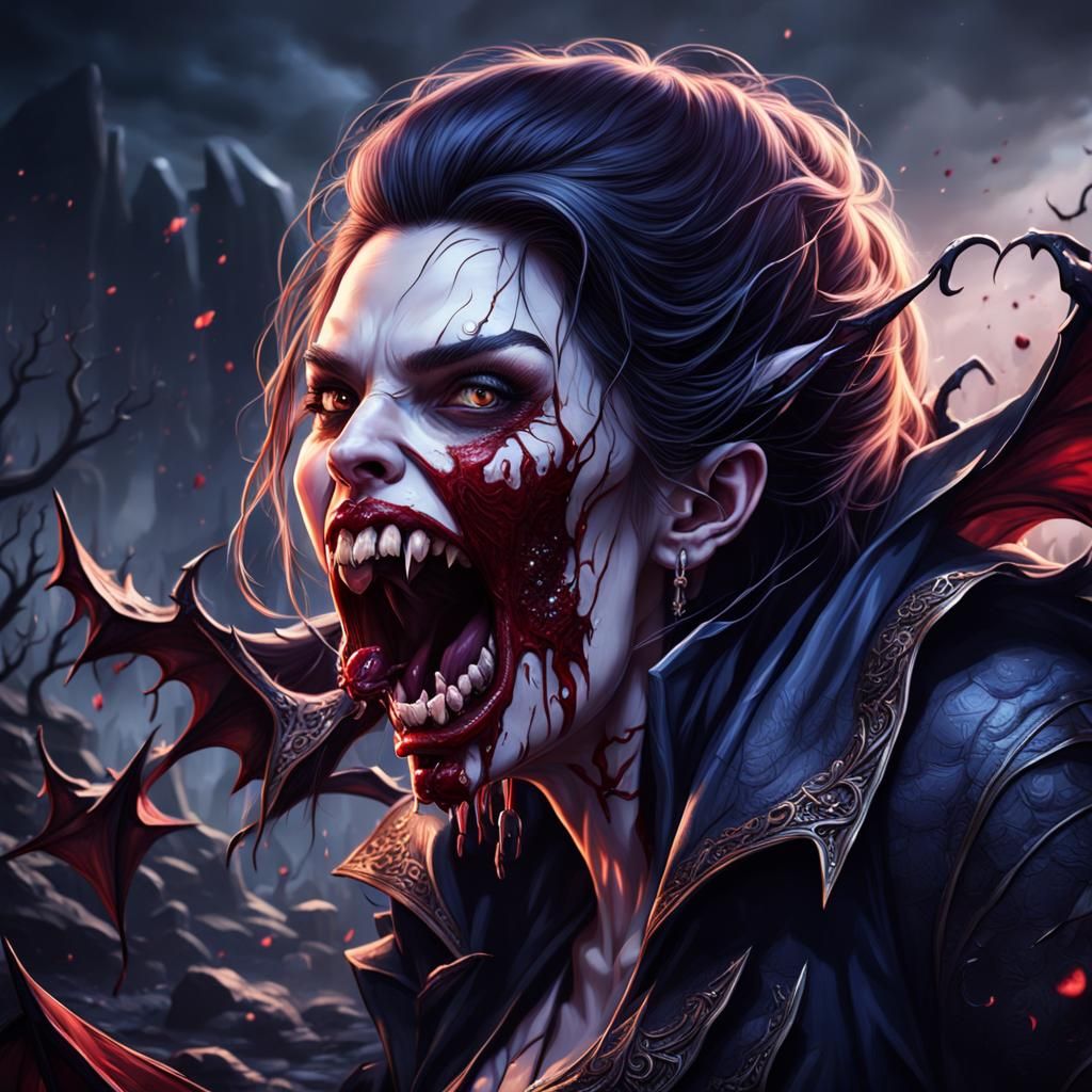 Vampire Biting Woman: Detailed Matte Painting