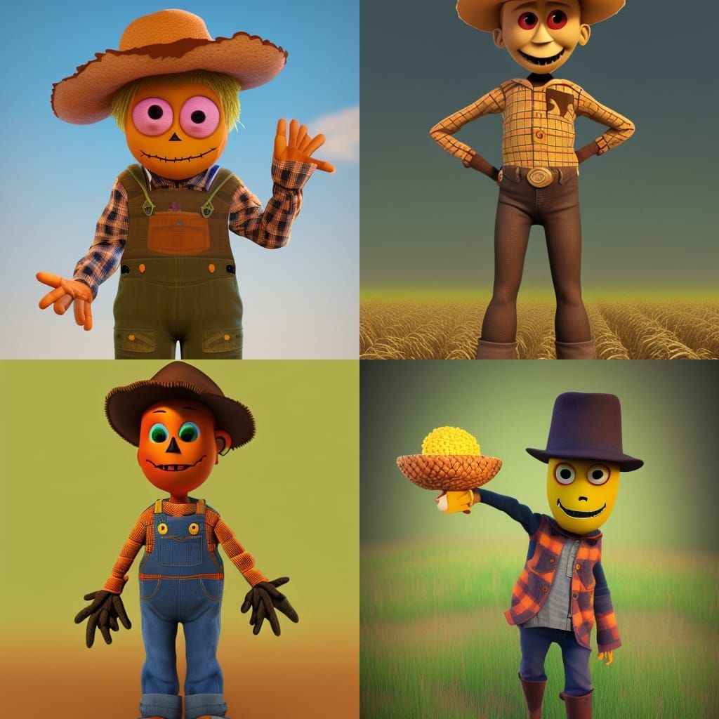 Friendly Scarecrow Boy in Pixar-Inspired 3D Art