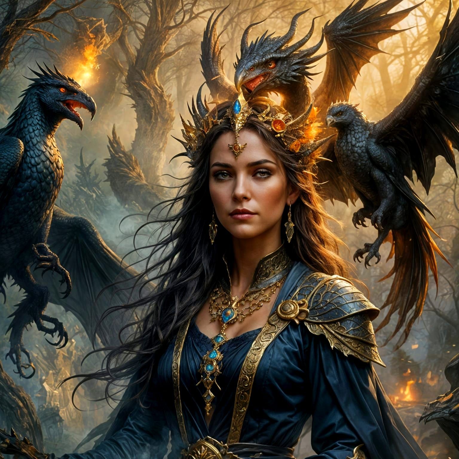 Ethereal Dragon Crow Sorceress in Fantasy Landscape