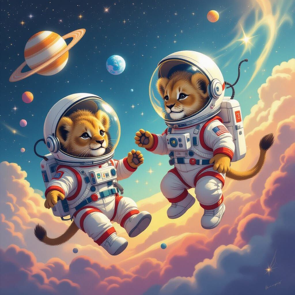 Baby Lions Explore Space in Digital Painting