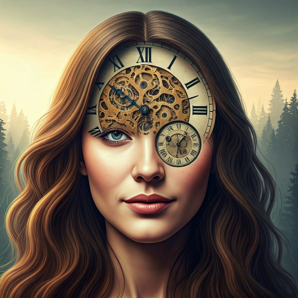 Surrealist Dreamscape with Mysterious Woman and Elegant Cloc...