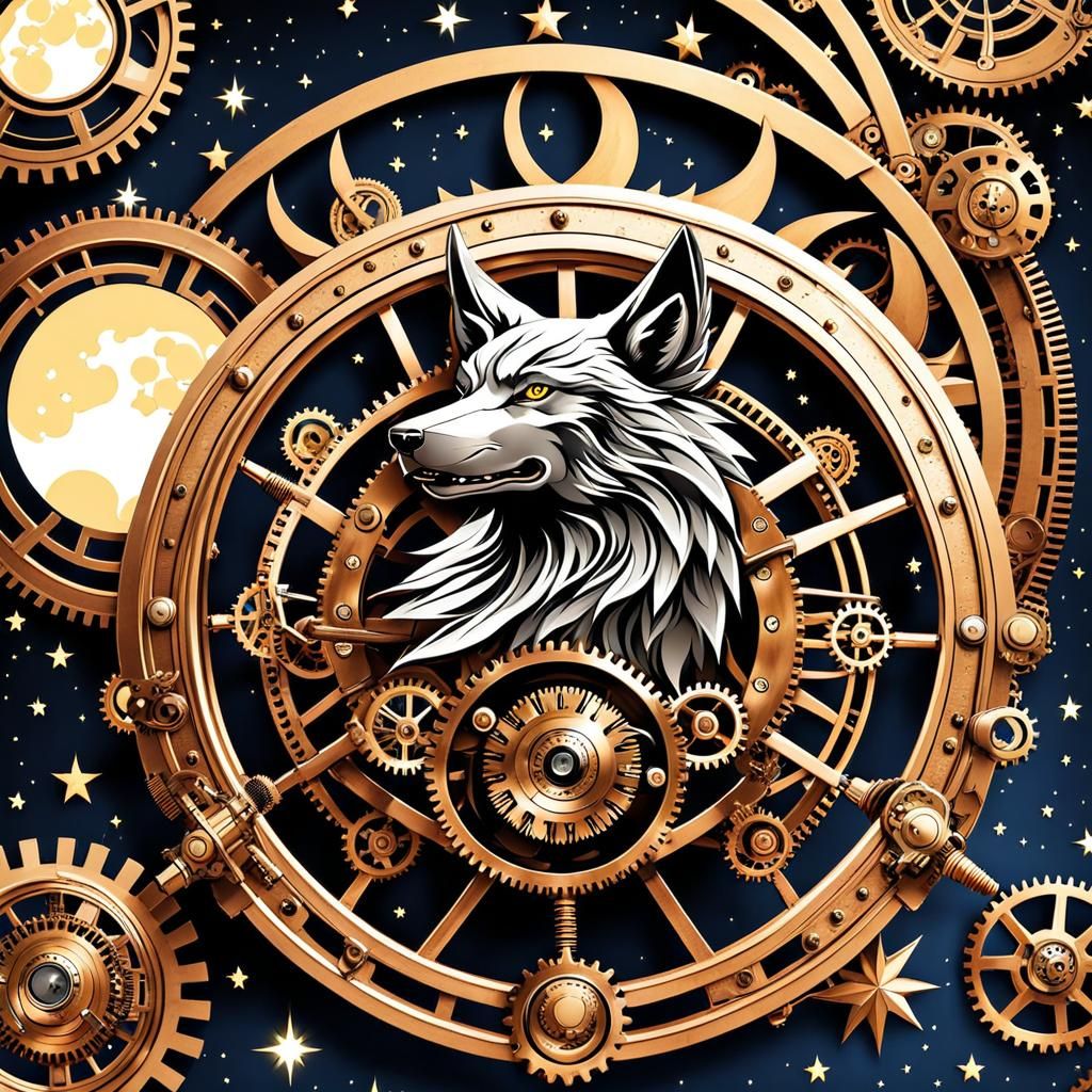 Steampunk Wolf Howling at Moonlit Starry Sky