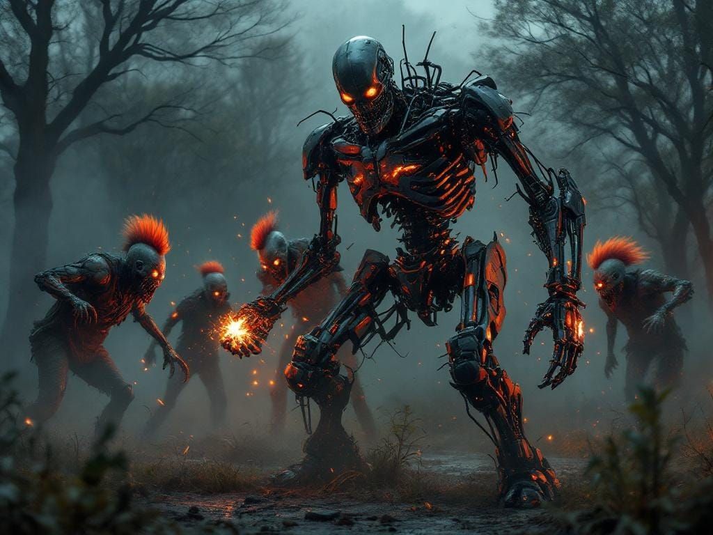 Terminator Endoskeleton vs Punk Zombies in Dark Park