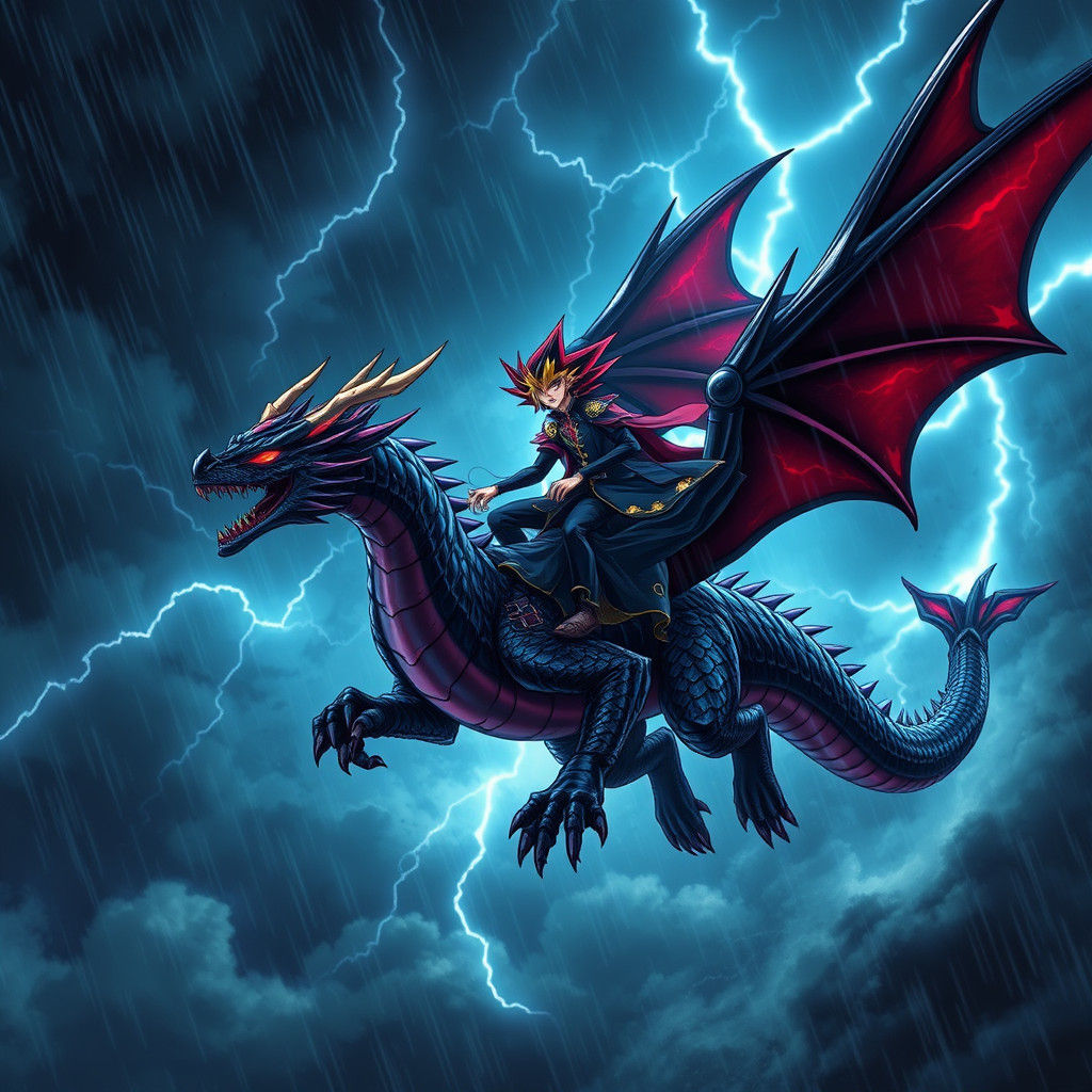 Yami Yugi on Red Eyes Black Dragon in Storm