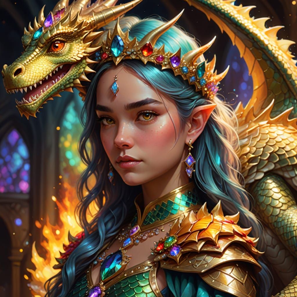 Fantasy Princess with Iridescent Dragon Companion in Vibrant...