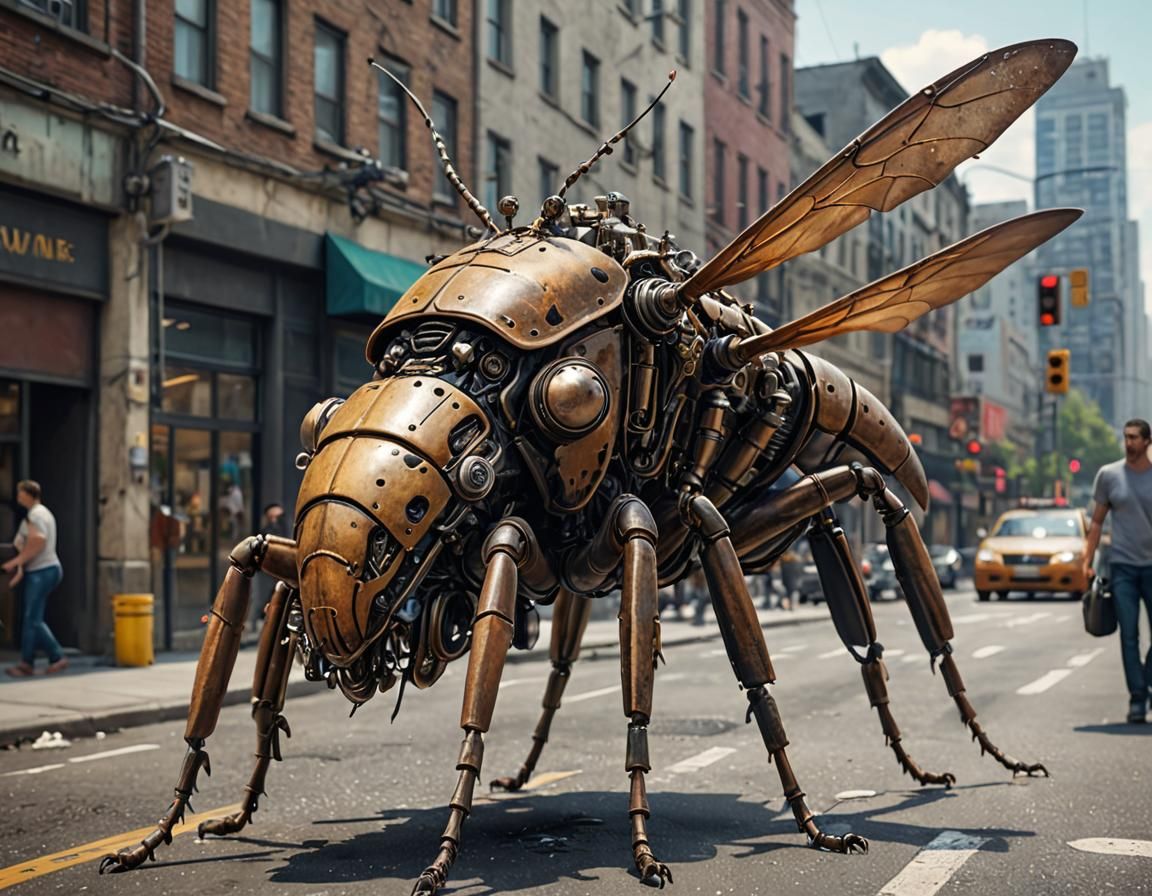 Mechanical Insect Ambling Through Cityscape